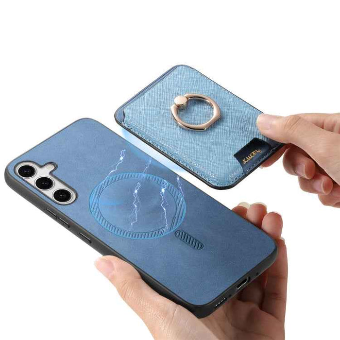 For Samsung Galaxy S24+ 5G Retro Cross Leather Ring Vertical Insert Card Bag MagSafe Phone Case(Blue)