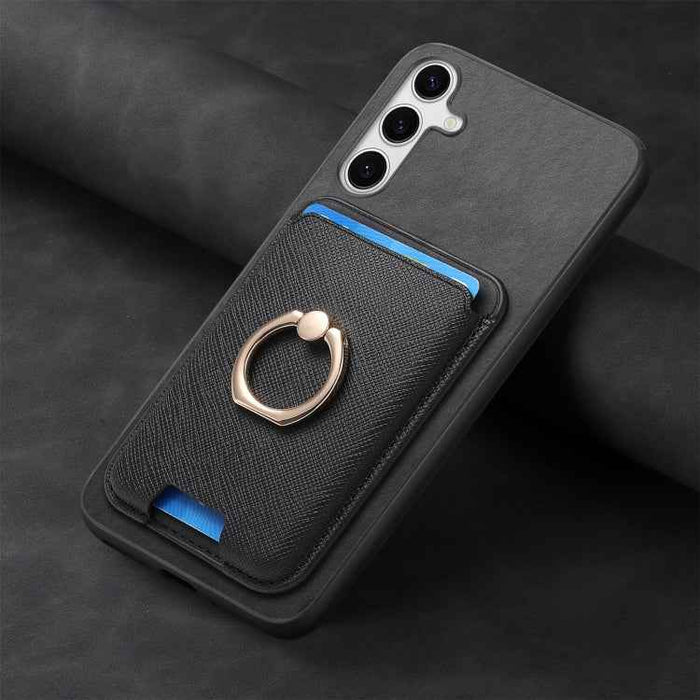 For Samsung Galaxy S24+ 5G Retro Cross Leather Ring Vertical Insert Card Bag MagSafe Phone Case(Black)