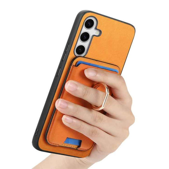 For Samsung Galaxy S24 5G Retro Cross Leather Ring Vertical Insert Card Bag MagSafe Phone Case(Yellow)