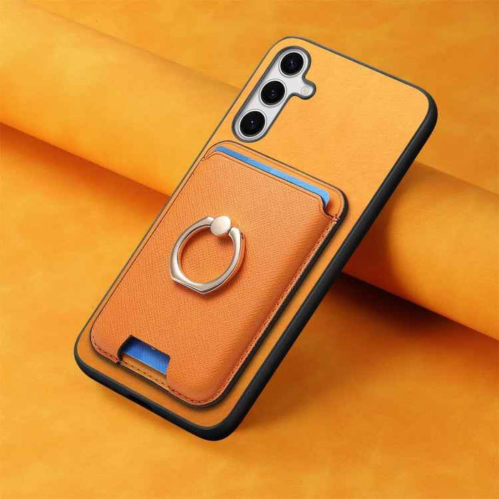 For Samsung Galaxy S24 5G Retro Cross Leather Ring Vertical Insert Card Bag MagSafe Phone Case(Yellow)