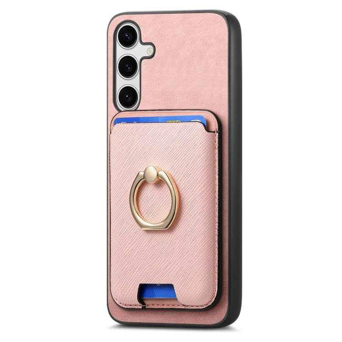 For Samsung Galaxy S24 5G Retro Cross Leather Ring Vertical Insert Card Bag MagSafe Phone Case(Pink)