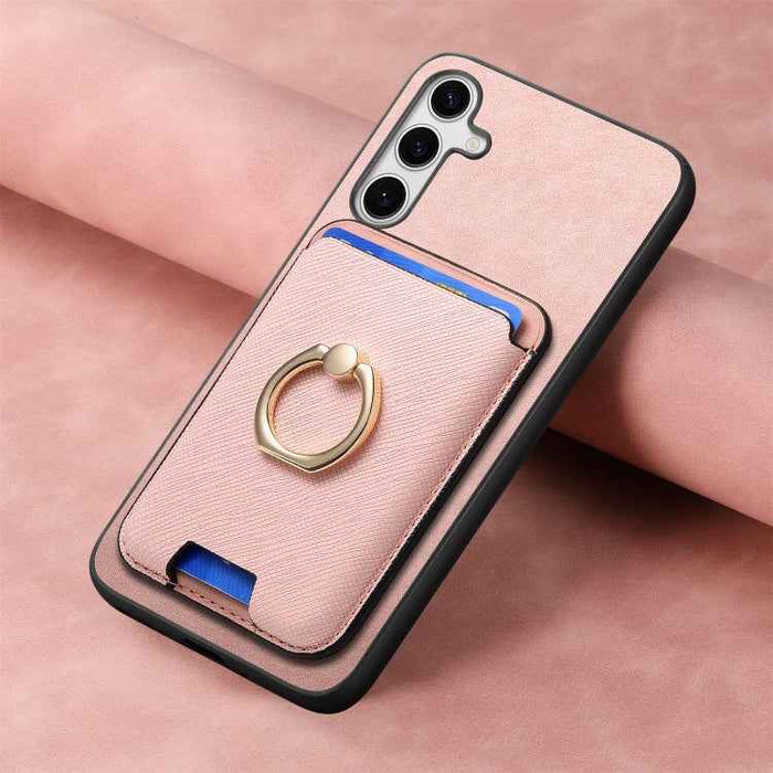 For Samsung Galaxy S24 5G Retro Cross Leather Ring Vertical Insert Card Bag MagSafe Phone Case(Pink)