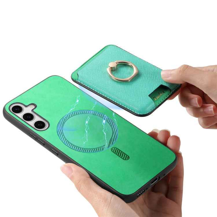 For Samsung Galaxy S24 5G Retro Cross Leather Ring Vertical Insert Card Bag MagSafe Phone Case(Green)
