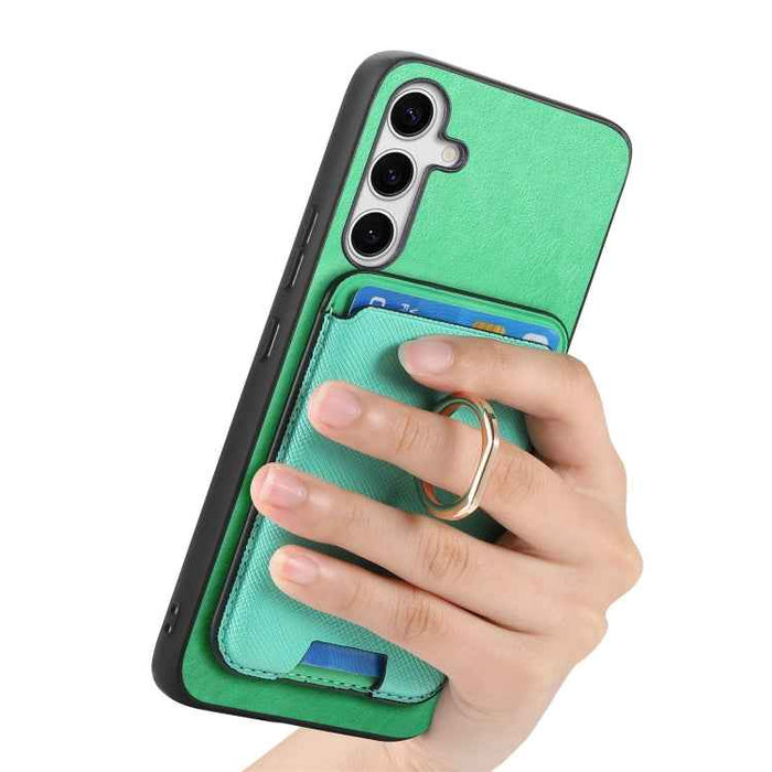 For Samsung Galaxy S24 5G Retro Cross Leather Ring Vertical Insert Card Bag MagSafe Phone Case(Green)