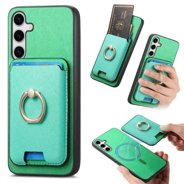 For Samsung Galaxy S24 5G Retro Cross Leather Ring Vertical Insert Card Bag MagSafe Phone Case(Green)