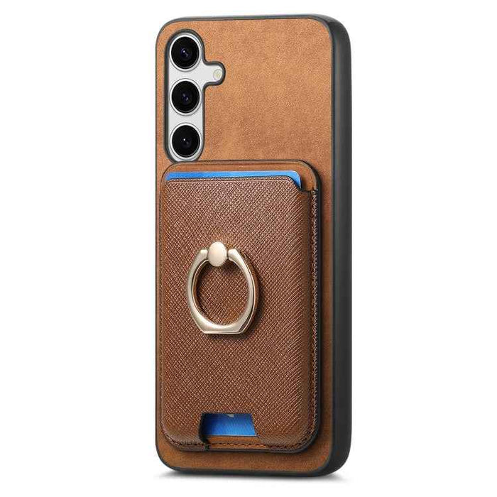 For Samsung Galaxy S24 5G Retro Cross Leather Ring Vertical Insert Card Bag MagSafe Phone Case(Brown)