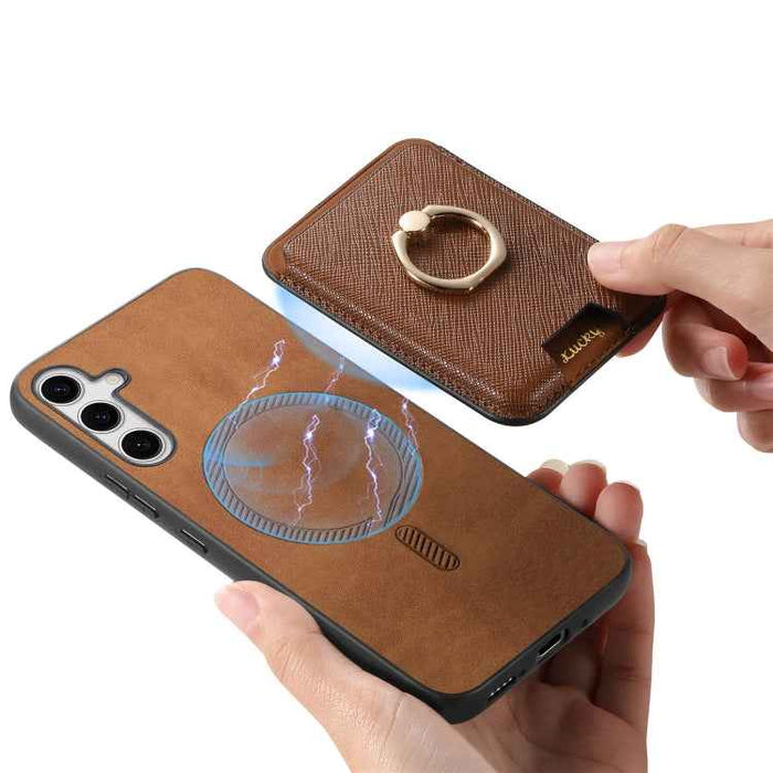 For Samsung Galaxy S24 5G Retro Cross Leather Ring Vertical Insert Card Bag MagSafe Phone Case(Brown)