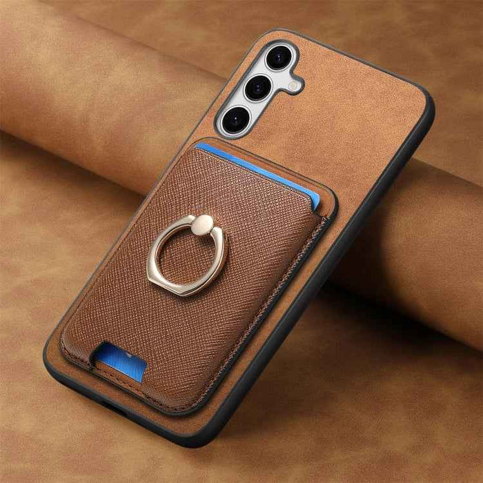 For Samsung Galaxy S24 5G Retro Cross Leather Ring Vertical Insert Card Bag MagSafe Phone Case(Brown)