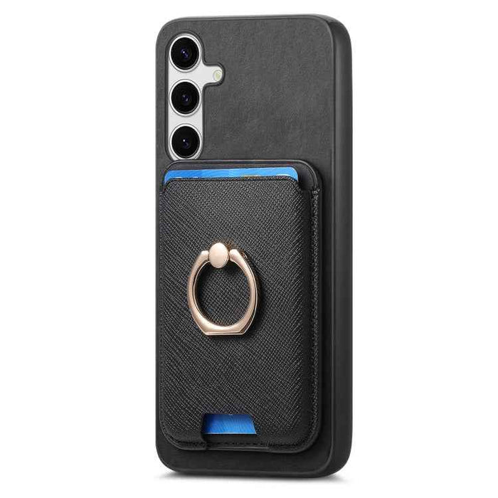 For Samsung Galaxy S24 5G Retro Cross Leather Ring Vertical Insert Card Bag MagSafe Phone Case(Black)