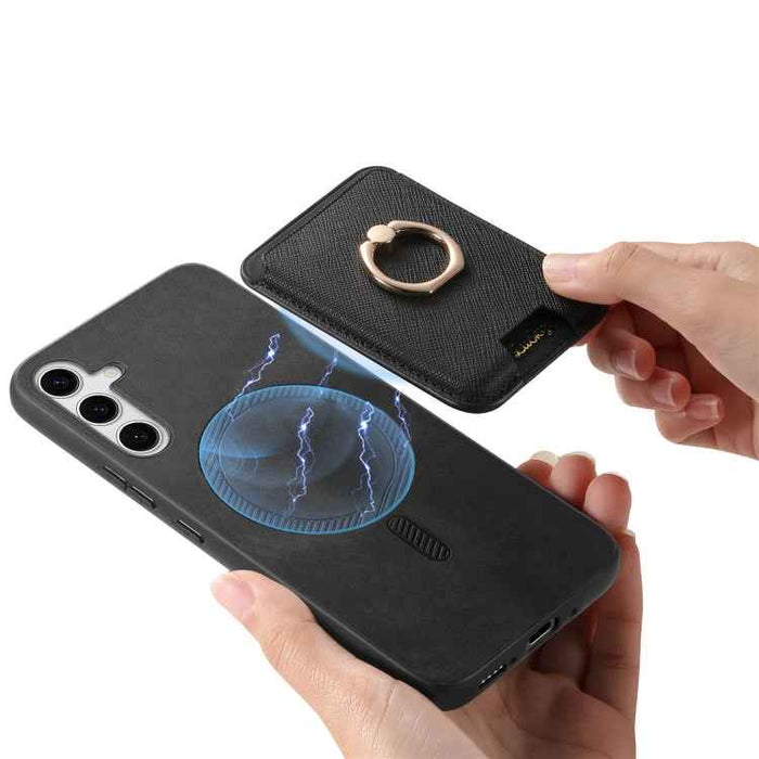 For Samsung Galaxy S24 5G Retro Cross Leather Ring Vertical Insert Card Bag MagSafe Phone Case(Black)