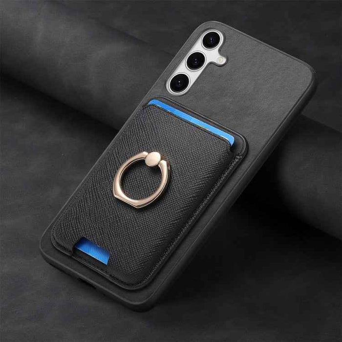 For Samsung Galaxy S24 5G Retro Cross Leather Ring Vertical Insert Card Bag MagSafe Phone Case(Black)