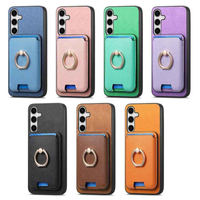 For Samsung Galaxy S24 Ultra 5G Retro Cross Leather Ring Vertical Insert Card Bag MagSafe Phone Case(Yellow)