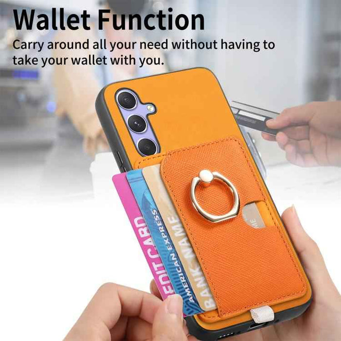 For Samsung Galaxy S24 FE 5G Retro Cross Leather Ring Side Insert Card Bag MagSafe Phone Case(Yellow)