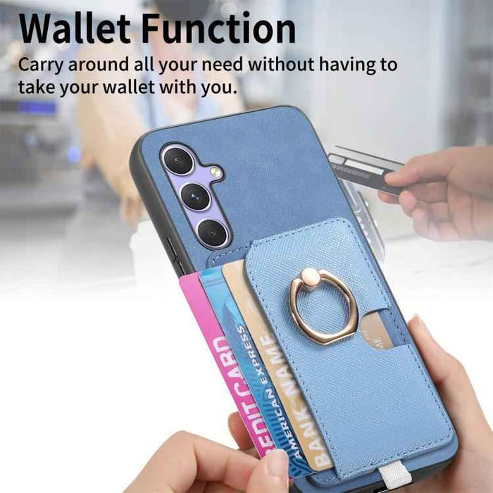 For Samsung Galaxy S24 FE 5G Retro Cross Leather Ring Side Insert Card Bag MagSafe Phone Case(Blue)