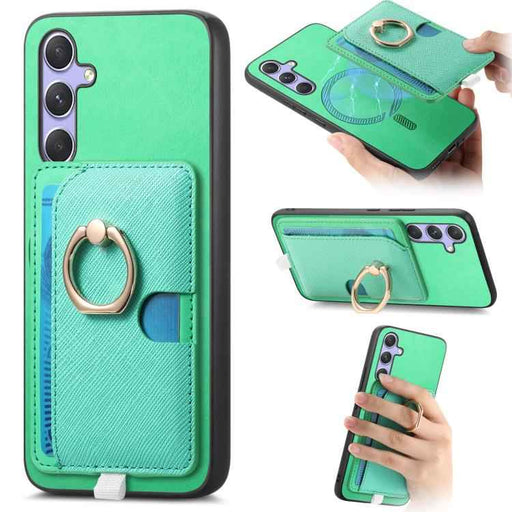 For Samsung Galaxy S24 FE 5G Retro Cross Leather Ring Side Insert Card Bag MagSafe Phone Case(Green)
