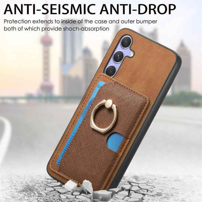 For Samsung Galaxy S24 FE 5G Retro Cross Leather Ring Side Insert Card Bag MagSafe Phone Case(Brown)