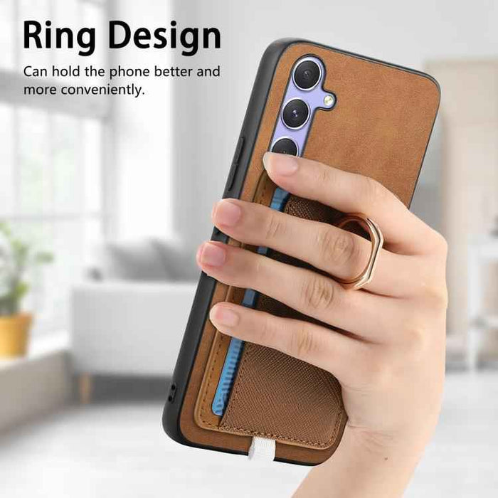 For Samsung Galaxy S24 FE 5G Retro Cross Leather Ring Side Insert Card Bag MagSafe Phone Case(Brown)