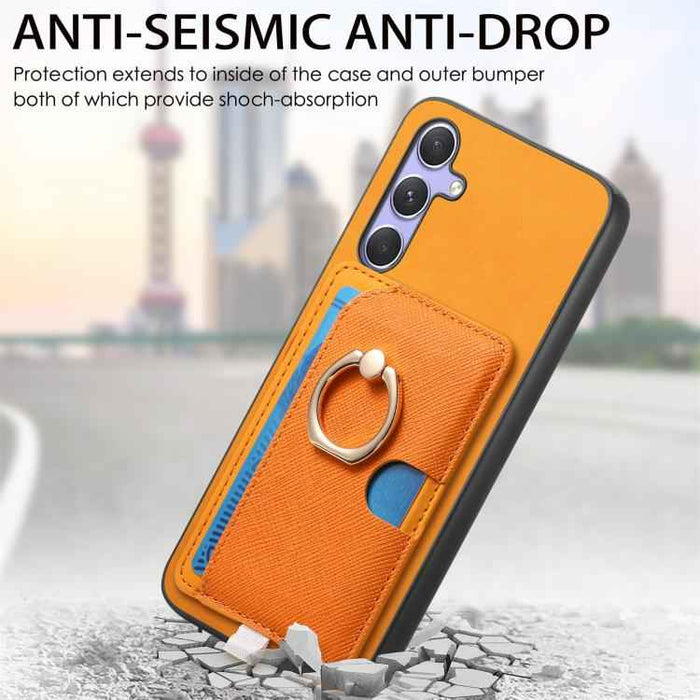 For Samsung Galaxy S24 5G Retro Cross Leather Ring Side Insert Card Bag MagSafe Phone Case(Yellow)