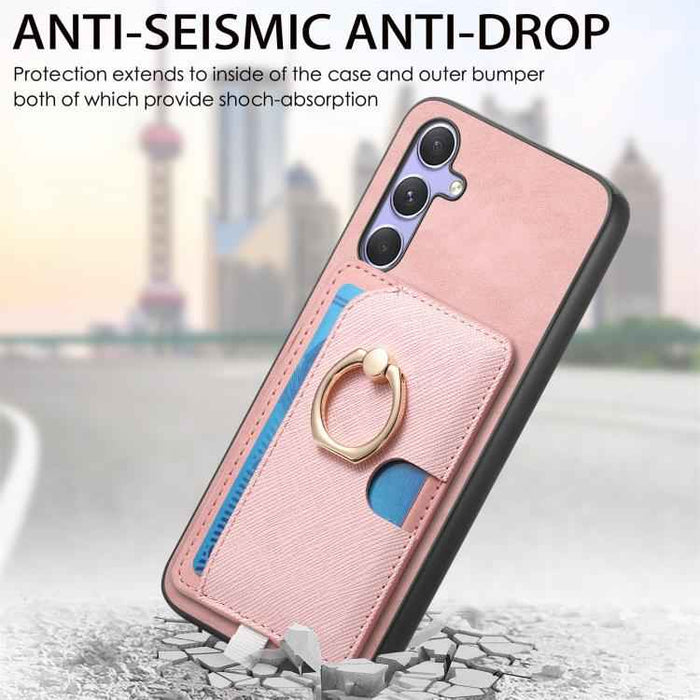 For Samsung Galaxy S24 5G Retro Cross Leather Ring Side Insert Card Bag MagSafe Phone Case(Pink)