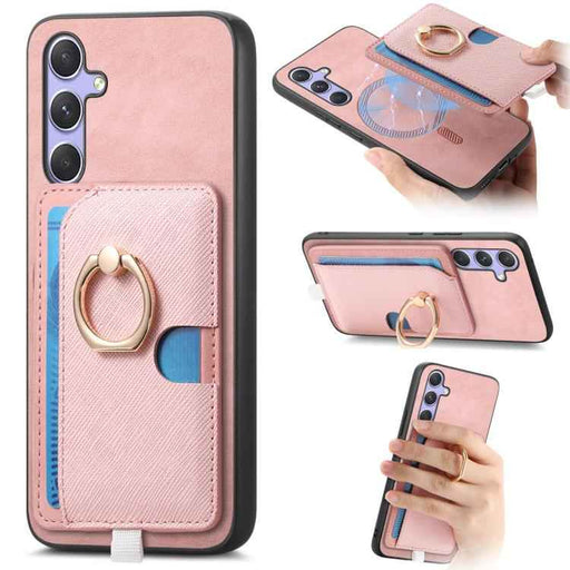 For Samsung Galaxy S24 5G Retro Cross Leather Ring Side Insert Card Bag MagSafe Phone Case(Pink)