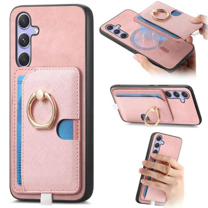 For Samsung Galaxy S24 5G Retro Cross Leather Ring Side Insert Card Bag MagSafe Phone Case(Pink)