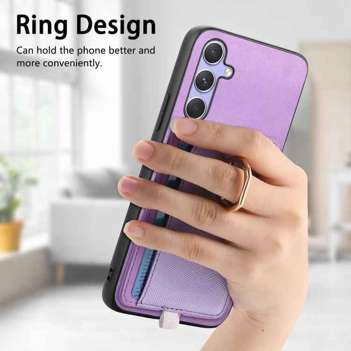 For Samsung Galaxy S24 5G Retro Cross Leather Ring Side Insert Card Bag MagSafe Phone Case(Purple)