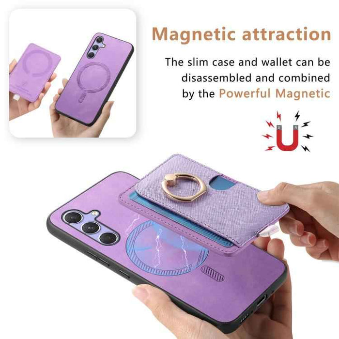 For Samsung Galaxy S24 5G Retro Cross Leather Ring Side Insert Card Bag MagSafe Phone Case(Purple)