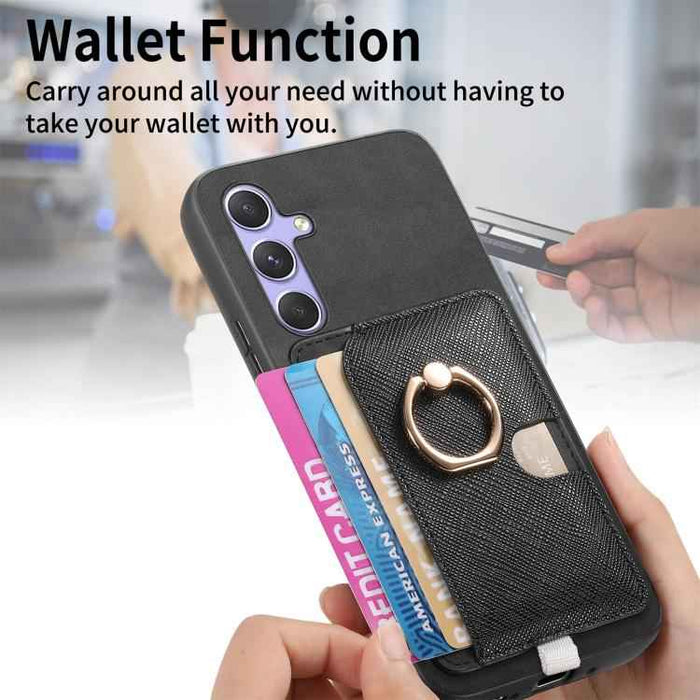 For Samsung Galaxy S24 5G Retro Cross Leather Ring Side Insert Card Bag MagSafe Phone Case(Black)