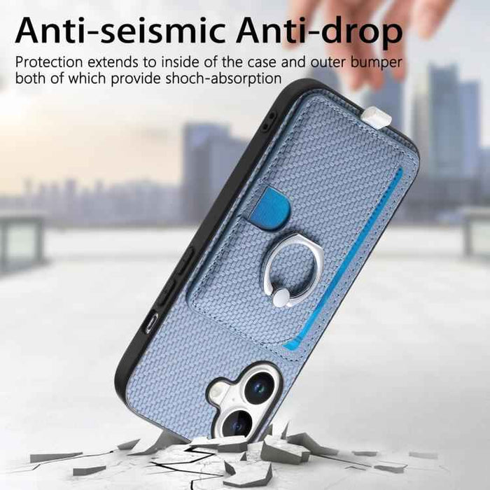 For iPhone 17 Carbon Fiber Ring Side Insert Card Bag MagSafe Phone Case(Blue)