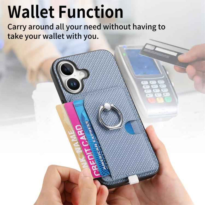 For iPhone 17 Carbon Fiber Ring Side Insert Card Bag MagSafe Phone Case(Blue)