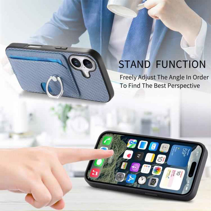 For iPhone 17 Carbon Fiber Ring Side Insert Card Bag MagSafe Phone Case(Blue)