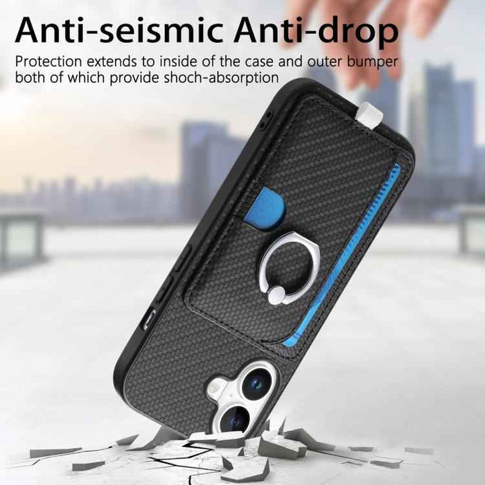 For iPhone 17 Carbon Fiber Ring Side Insert Card Bag MagSafe Phone Case(Black)