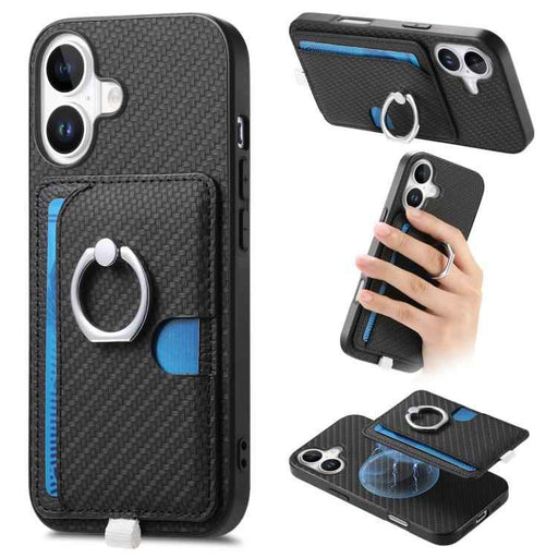 For iPhone 17 Carbon Fiber Ring Side Insert Card Bag MagSafe Phone Case(Black)