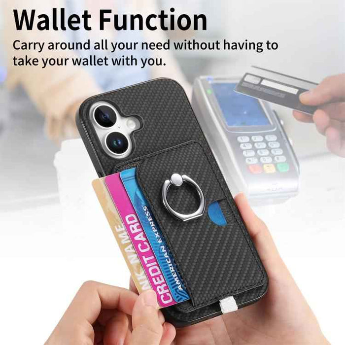 For iPhone 17 Carbon Fiber Ring Side Insert Card Bag MagSafe Phone Case(Black)