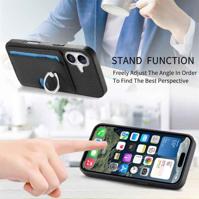 For iPhone 17 Carbon Fiber Ring Side Insert Card Bag MagSafe Phone Case(Black)