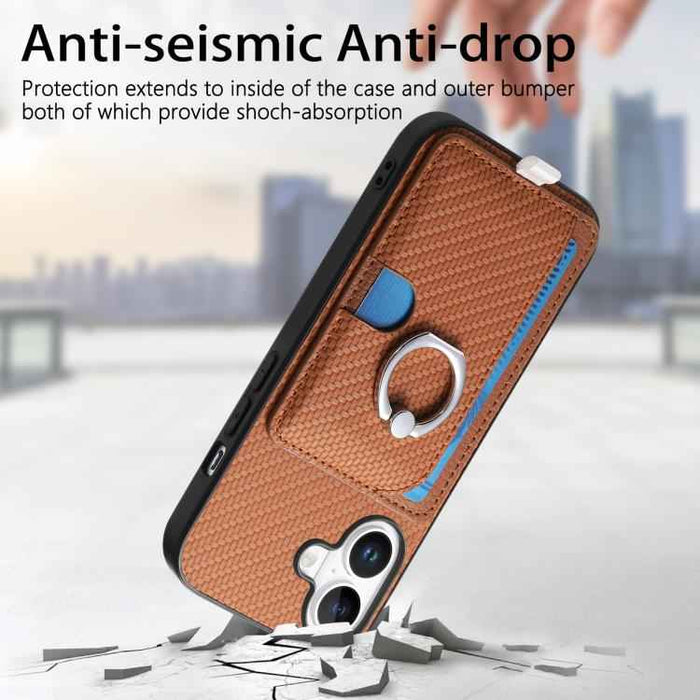 For iPhone 17 Carbon Fiber Ring Side Insert Card Bag MagSafe Phone Case(Brown)