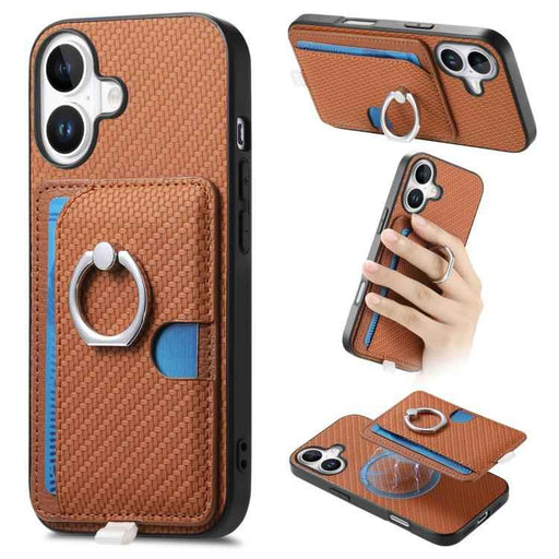 For iPhone 17 Carbon Fiber Ring Side Insert Card Bag MagSafe Phone Case(Brown)