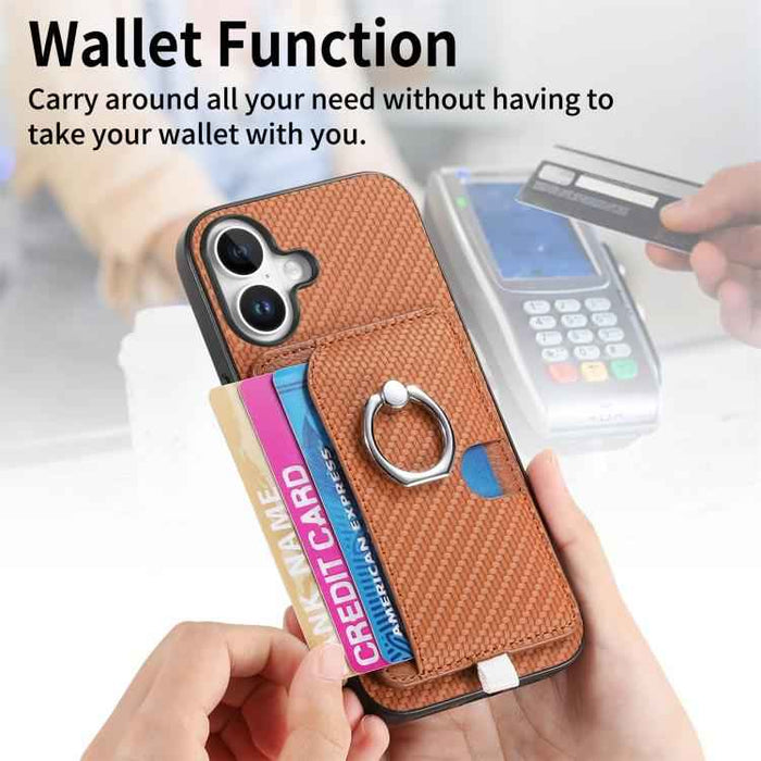 For iPhone 17 Carbon Fiber Ring Side Insert Card Bag MagSafe Phone Case(Brown)