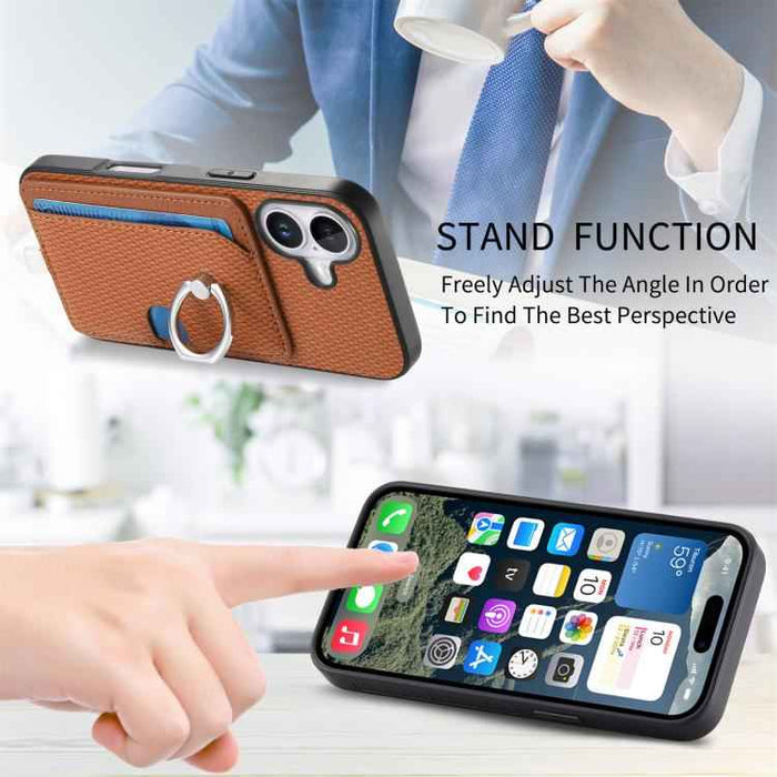 For iPhone 17 Carbon Fiber Ring Side Insert Card Bag MagSafe Phone Case(Brown)