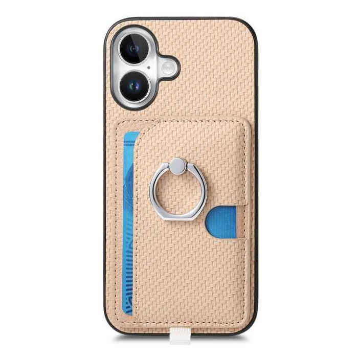 For iPhone 17 Carbon Fiber Ring Side Insert Card Bag MagSafe Phone Case(Khaki)
