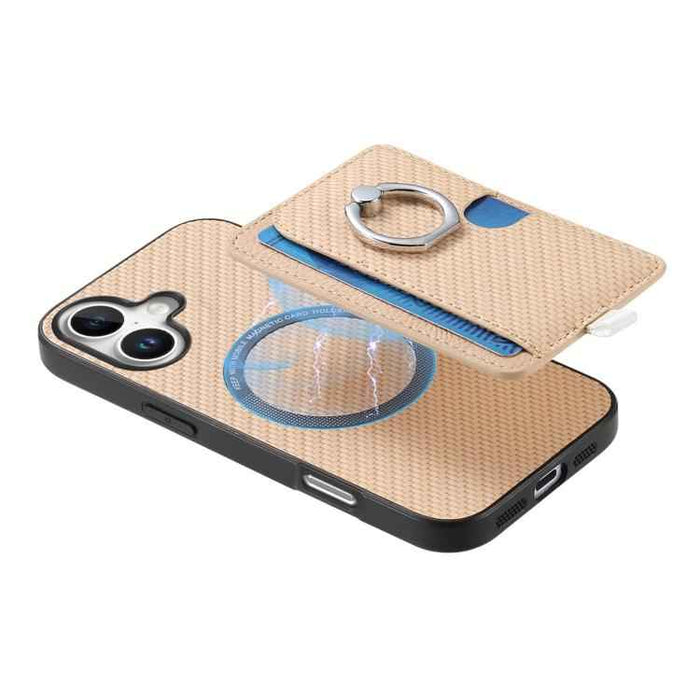 For iPhone 17 Carbon Fiber Ring Side Insert Card Bag MagSafe Phone Case(Khaki)