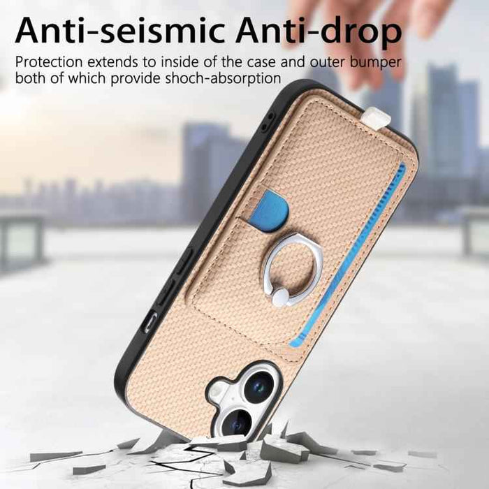 For iPhone 17 Carbon Fiber Ring Side Insert Card Bag MagSafe Phone Case(Khaki)
