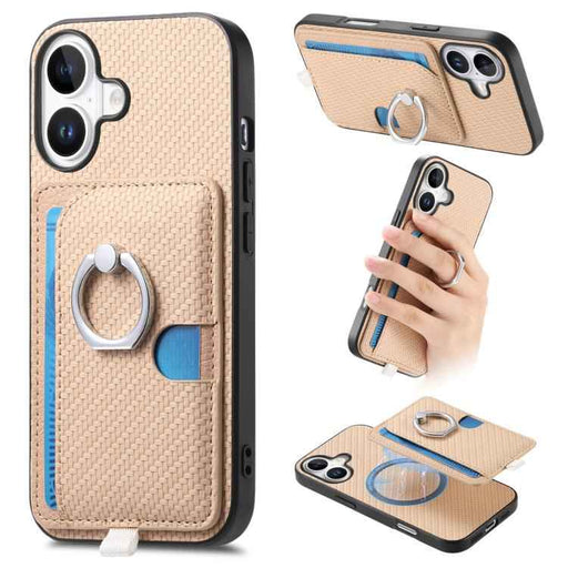 For iPhone 17 Carbon Fiber Ring Side Insert Card Bag MagSafe Phone Case(Khaki)