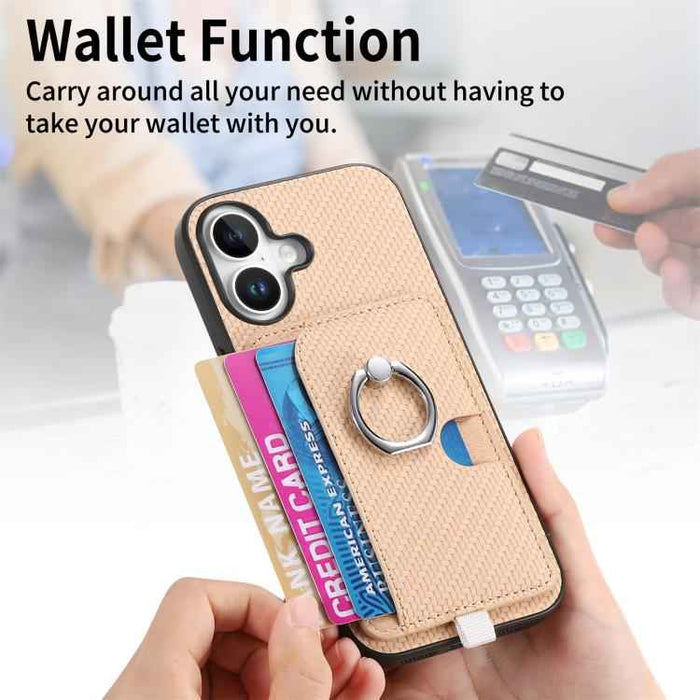 For iPhone 17 Carbon Fiber Ring Side Insert Card Bag MagSafe Phone Case(Khaki)