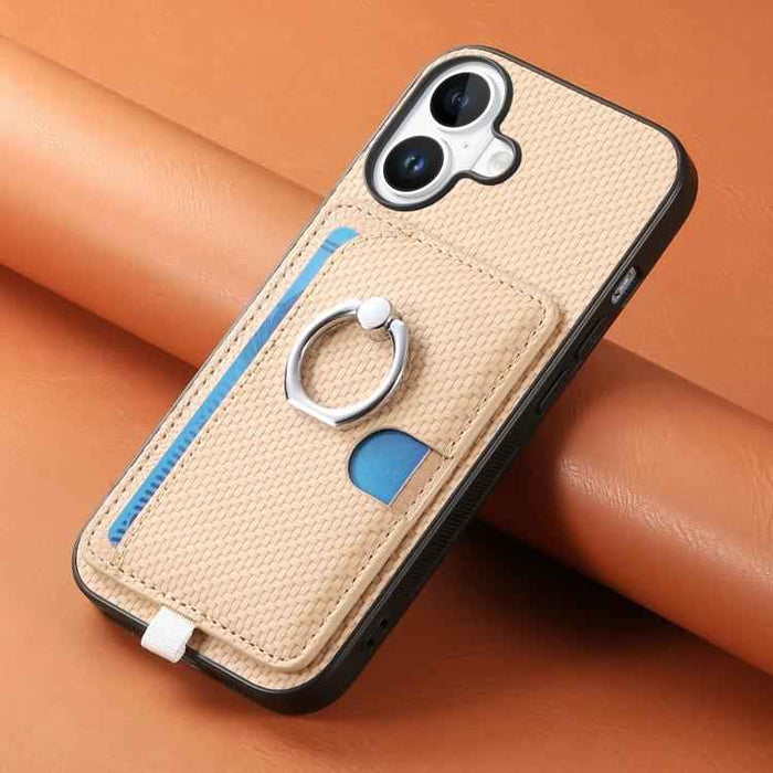 For iPhone 17 Carbon Fiber Ring Side Insert Card Bag MagSafe Phone Case(Khaki)