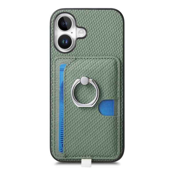 For iPhone 17 Carbon Fiber Ring Side Insert Card Bag MagSafe Phone Case(Green)