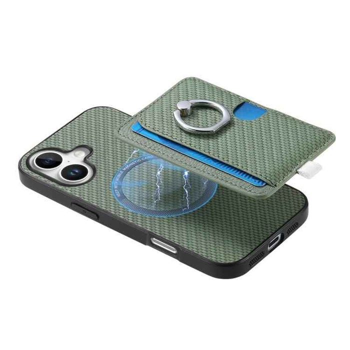 For iPhone 17 Carbon Fiber Ring Side Insert Card Bag MagSafe Phone Case(Green)