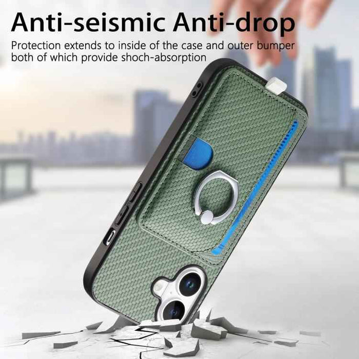 For iPhone 17 Carbon Fiber Ring Side Insert Card Bag MagSafe Phone Case(Green)