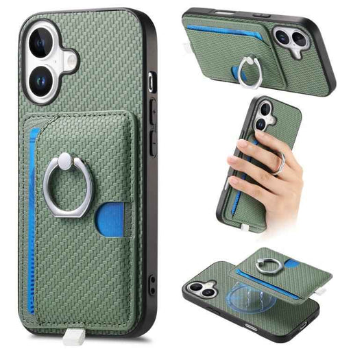 For iPhone 17 Carbon Fiber Ring Side Insert Card Bag MagSafe Phone Case(Green)