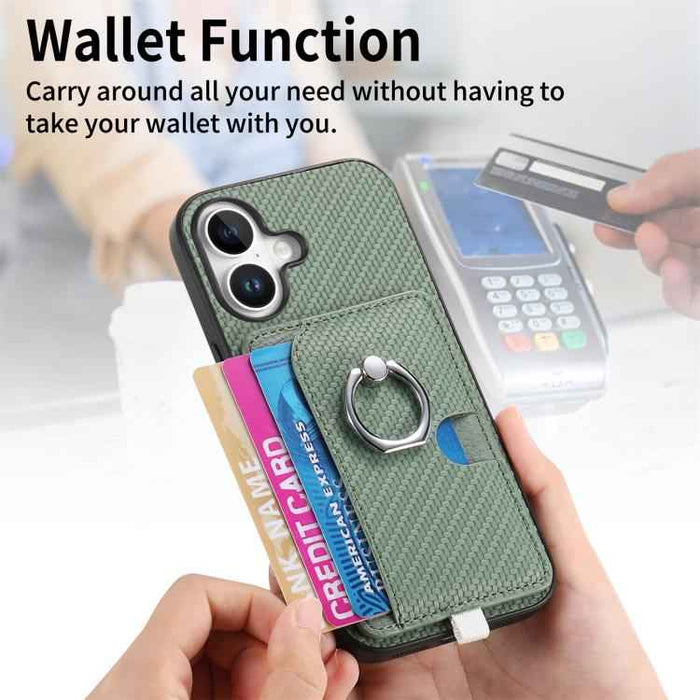 For iPhone 17 Carbon Fiber Ring Side Insert Card Bag MagSafe Phone Case(Green)